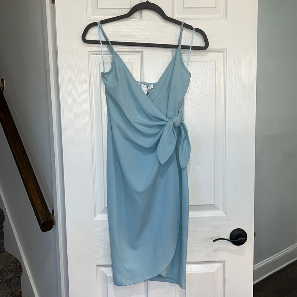 Light Blue Midi Wrap Dress with Side Tie